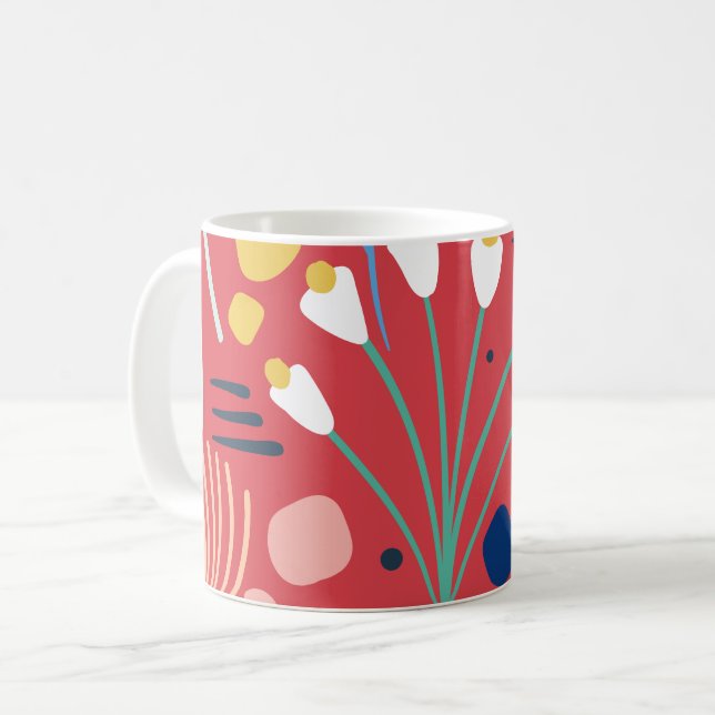 Moderne farbenfrohe Folior floral Muster Red Kaffeetasse (Vorderseite Links)