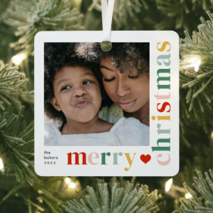 Moderne farbenfrohe Frohe Weihnachten Foto Ornament Aus Metall