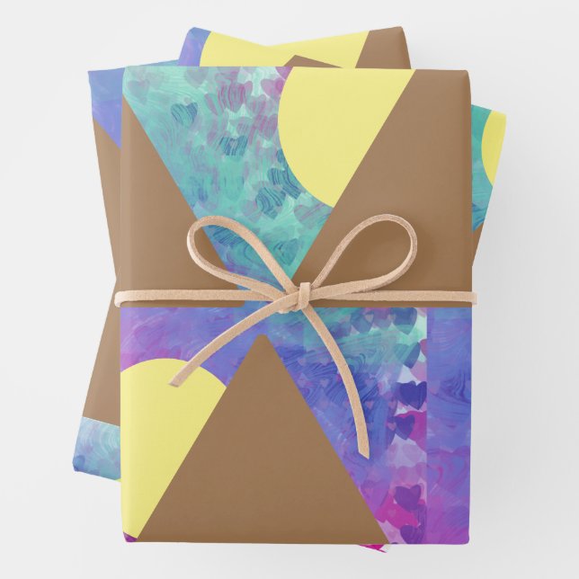 Moderne farbenfrohe geometrische Herzen Geschenkpapier Set (Beispiel)