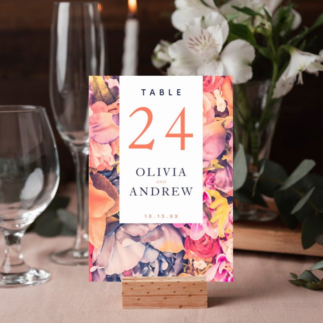Moderne farbenfrohe, große blumengeschmückte Hochz Tischnummer (All over floral watercolor design on this table number card is perfect for your wedding reception.)