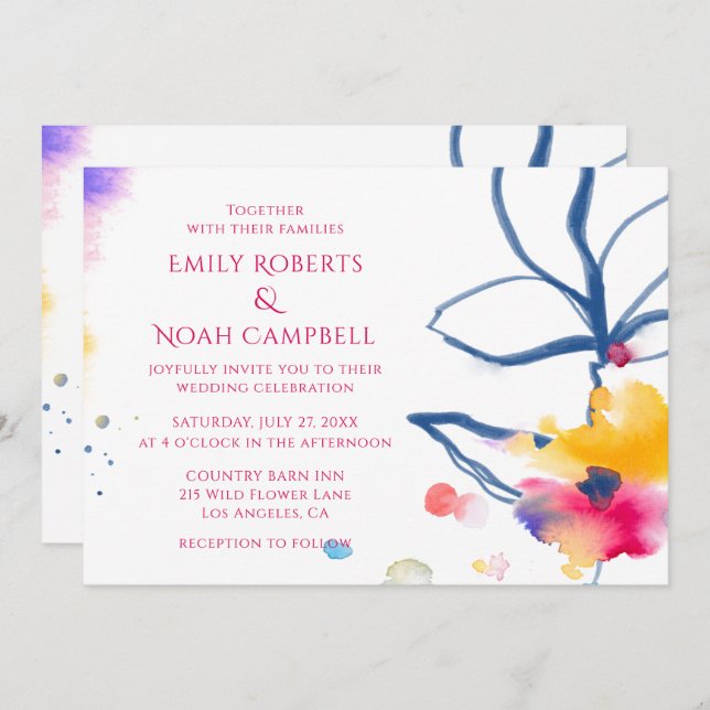 Moderne farbenfrohe Hochzeit mit floralen Wasserfa Einladung (Vorne/Hinten)