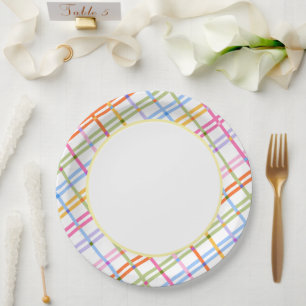 Moderne farbenfrohe Karo-Baby-Shower-Themen Gelb Pappteller