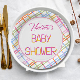 Moderne farbenfrohe Karo-Baby-Shower-Themeneinladu Pappteller