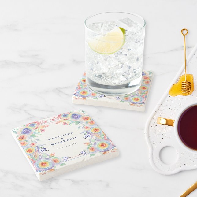 Moderne farbenfrohe LGBTQ Hochzeit Steinuntersetzer (Von Creator hochgeladen)