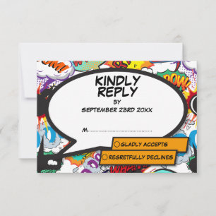 Moderne farbenfrohe lustige Comic-Hochzeit im styl RSVP Karte