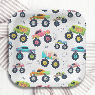 Moderne, farbenfrohe Monster Car Trucks Pappteller