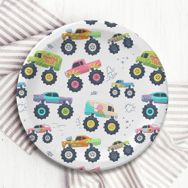 Moderne, farbenfrohe Monster Car Trucks Pappteller
