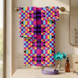 Moderne farbenfrohe Op-Art-Mosaik geometrische Mus Badhandtuch Set