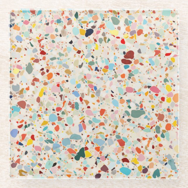 Moderne, farbenfrohe Pastel Terrazzo Muster Glasuntersetzer (Vorderseite)