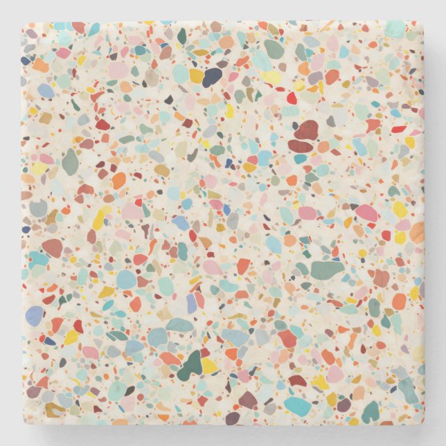 Moderne, farbenfrohe Pastel Terrazzo Muster Steinuntersetzer (Vorderseite)