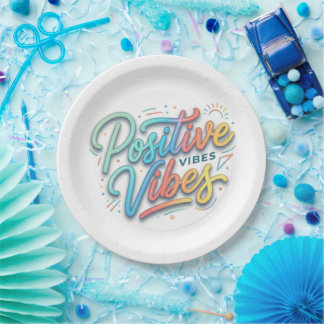Moderne farbenfrohe positive Vibes-Typografie-Kuns Pappteller
