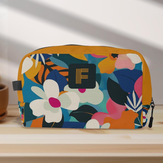 Moderne farbenfrohe Retro-Blume Mit Monogramm Waschbeutel (Boho floral retro 70s style flowers pattern Dopp Kit Bag for women.)