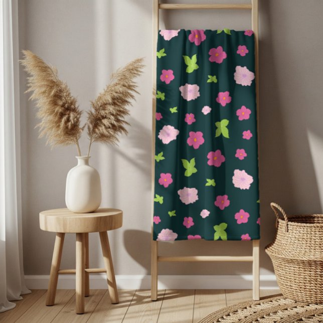 Moderne farbenfrohe romantische Blumenmuster Trend Badhandtuch Set (Pink Black Green Flowers Pattern Bath Towel Set)