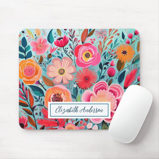 Moderne farbenfrohe rosa Blumen Monogramm Mousepad (Mit Mouse)