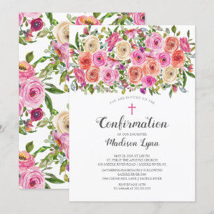 Moderne farbenfrohe rosa Flora und Kreuzbestätigun Einladung