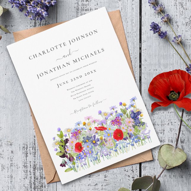 Moderne farbenfrohe Wildblume Hochzeit Einladung (Modern colorful wildflower meadow wedding invitation with boho chic red poppy blue cornflower)