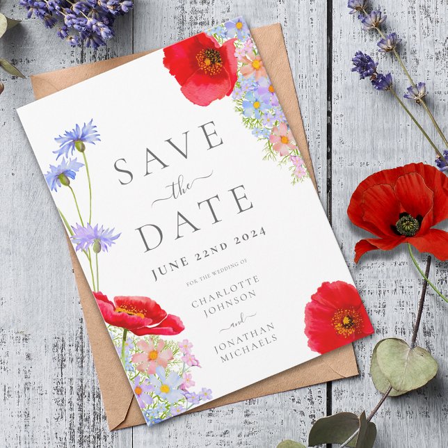 Moderne farbenfrohe Wildblume Hochzeit Save The Date (Colorful watercolor wildflower wedding save the date invitation elegant script)