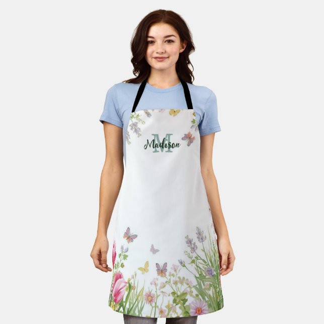 Moderne farbenfrohe Wildblumen-Blumen-Sommer-Monog Schürze (Getragen)