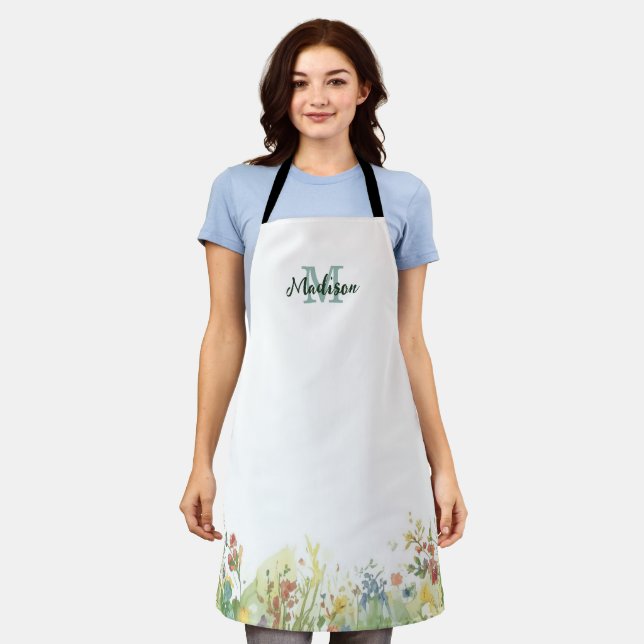 Moderne farbenfrohe Wildblumen-Blumen-Sommer-Monog Schürze (Getragen)