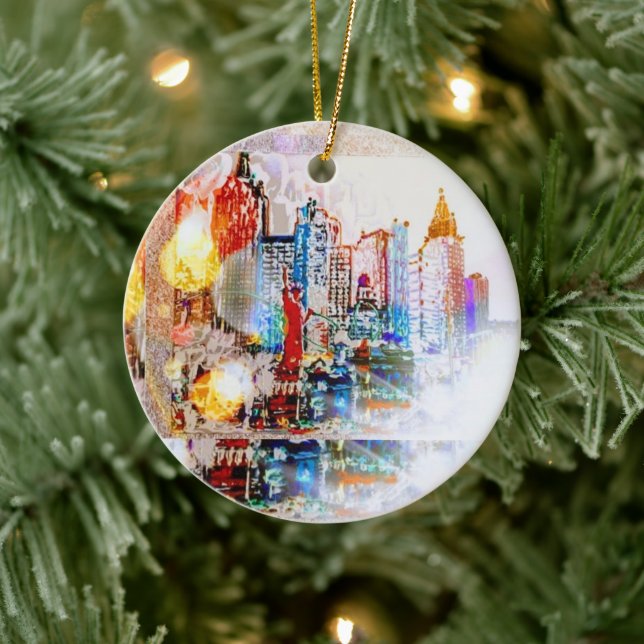 Moderne farbige Aquarellfarbe NYC Ball Weihnachten Keramik Ornament (Baum)