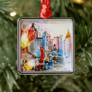 Moderne, farbige Aquarellfarbe NYC Ornament Aus Metall