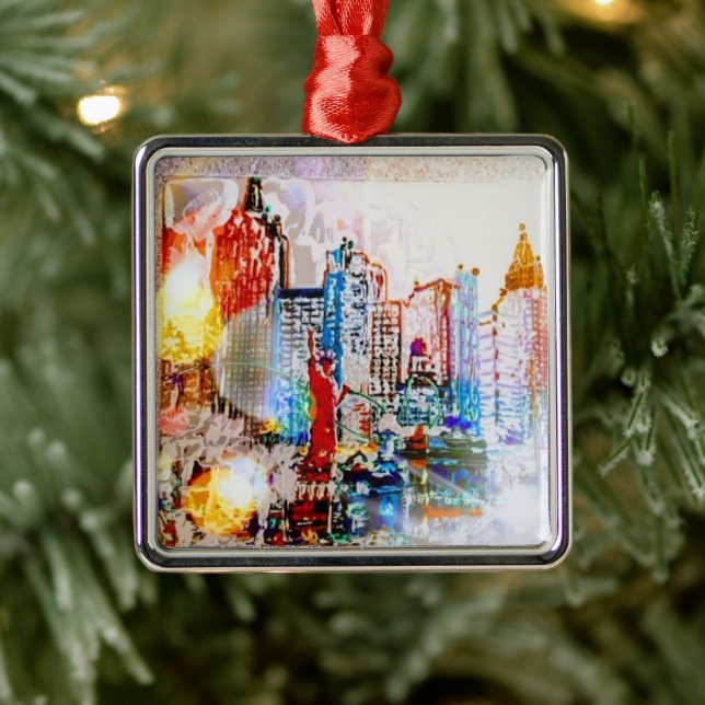 Moderne, farbige Aquarellfarbe NYC Ornament Aus Metall (Baum)