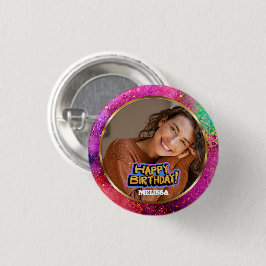Moderne Farbige Glitter-Foto-Name-Birthday Button