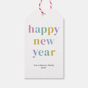 Moderne farbige Happy New Year Typografie Geschenkanhänger