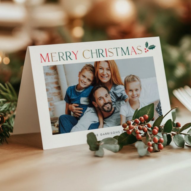 Moderne farbige Typografie 3 Foto Weihnachten (Elegant colorful type 3 photo Christmas holiday card.)