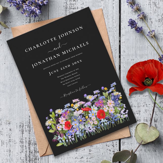 Moderne farbige Wildblumen auf schwarz Einladung (Modern colorful wildflowers black and white wedding invitation )