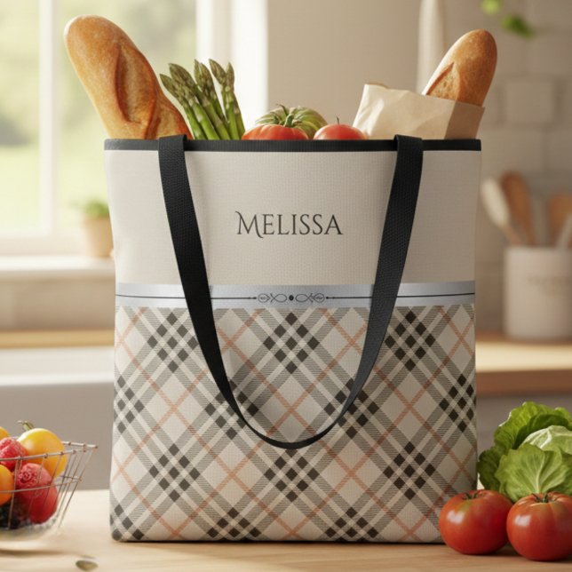 Moderne Farmhaus-Beige-Karomuster (Ditch the plastic for this high-end personalized tote. The perfect gift for her!)