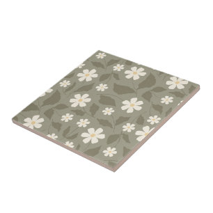 Moderne Farmhouse-Daisy-Gedämpfte Olive und Erdtön Fliese