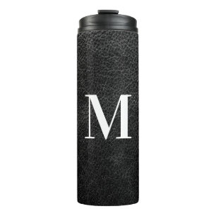 Moderne Faux-Black-Leather-Monogramm-Prägung Thermosbecher