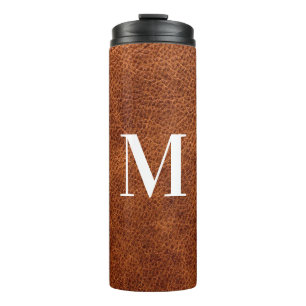 Moderne Faux-Braunleder-Monogramm Thermosbecher