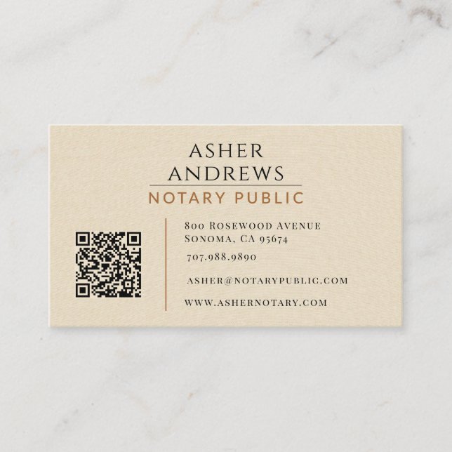 Moderne Faux-Linen Notar-QR-Code Visitenkarte (Vorderseite)