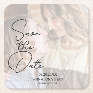 Moderne Faux-Vellum-Foto-Hochzeit 'Save the Date' Rechteckiger Pappuntersetzer