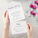 Moderne Feier mit unserer Hochzeitsempfehlung All In One Einladung<br><div class="desc">Moderne Hochzeitsankündigung und Empfang in einer einzigen Einladung, um Ihre Ehe mit Familie und Freunden zu verkünden und sie zu einem Post-Hochzeitsempfang oder Party einzuladen. "Celebrate With Uns" ist in einem chic-Skript geschrieben und Sie können leicht Ihre Entstehung/Hochzeitsankündigung und Empfang-Einladung anpassen. Eine zerreißende UAWG-Postkarte sorgt für eine bequeme, umschlagfreie Antwort...</div>