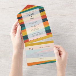 Moderne, feine, farbenfrohe Streifen Aquamarin-gel All In One Einladung