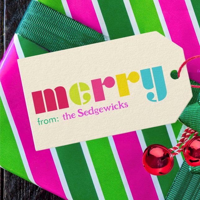 Moderne, feine Farbigkeit Personalisiert Geschenkanhänger (Merry maximalist bright personalized Christmas gift tag)