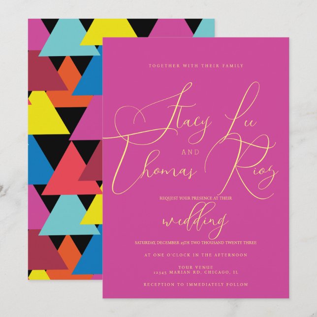 Moderne, feine, helle und farbenfrohe Script Weddi Einladung (Vorne/Hinten)