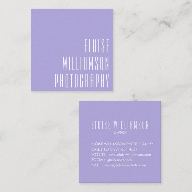 Moderne, feine Typografie Lavender Lila Lilac Quadratische Visitenkarte (Vorne/Hinten)