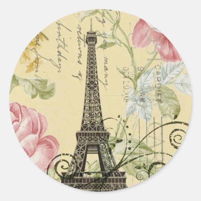 Moderne feminine Blumen Vintage Paris Eiffelturm Runder Aufkleber (Vorderseite)