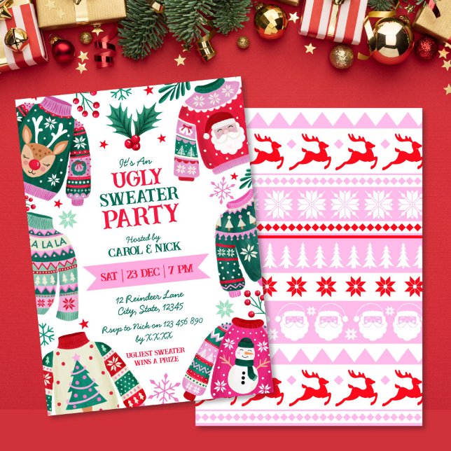 Moderne festliche, hässliche, rot, grün und rosa einladung (Modern Festive Ugly Sweater Red, Green and Pink Invitation)