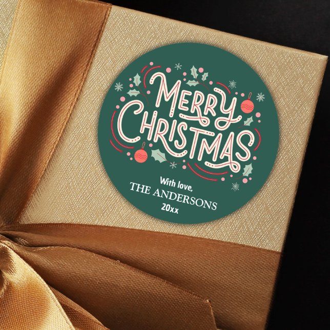 Moderne festliche niedliche Grün & Weiß Frohe Weih Runder Aufkleber (Von Creator hochgeladen)