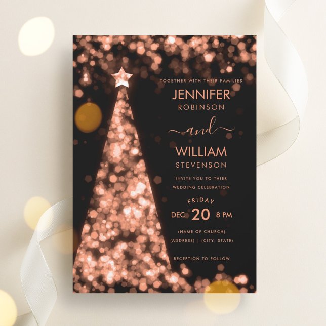 Moderne festliche Rose Goldbaum Weihnachtsfeier Einladung (Modern Festive Rose Gold Tree Christmas Wedding Invitation)