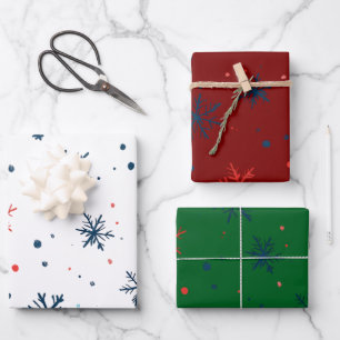 Moderne Festliche Schneeflocken Freude weiß rot gr Geschenkpapier Set