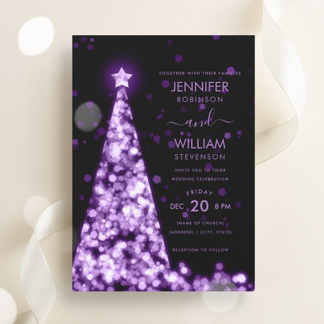 Moderne festliche Weihnachtsfeier mit Lila Baum Einladung (Modern Festive Purple Tree Christmas Wedding Invitation)