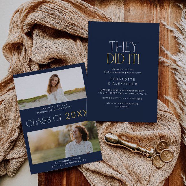 Moderne Fete Navy Foto Double Graduation Party Einladung (Von Creator hochgeladen)