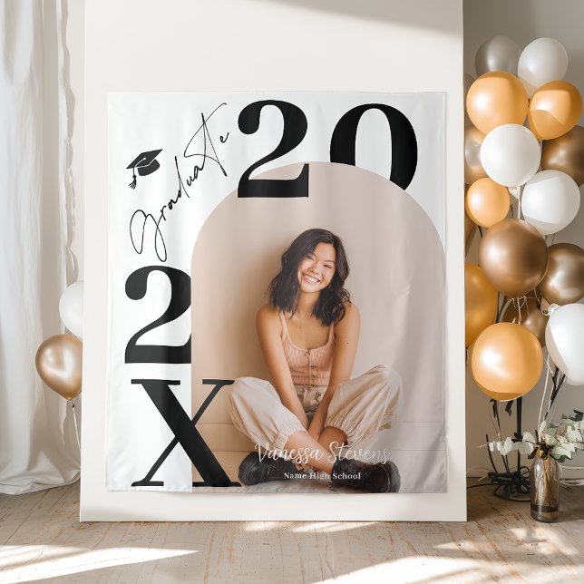 Moderne fett schwarze weiße trendige Foto-Abschlus Wandteppich (Modern Bold Black white Trendy photo graduation Tapestry)