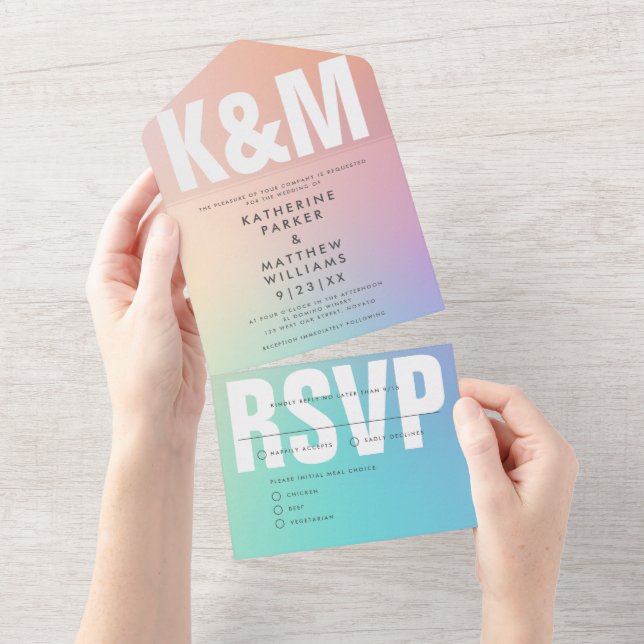 Moderne, fette Art + Pastel Gradient Wedding All In One Einladung (Abreißen)